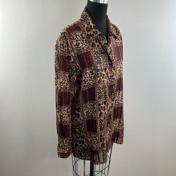 VINTAGE Yves St. Clair Button Down Shirt Top Leopard Print Long Sleeves Size 16 - Picture 4 of 9